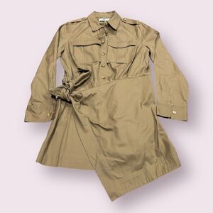 Derek Lam 10 Crosby Dress Womens 14 Khaki Tie Draped Front Collar Wrap Button Up